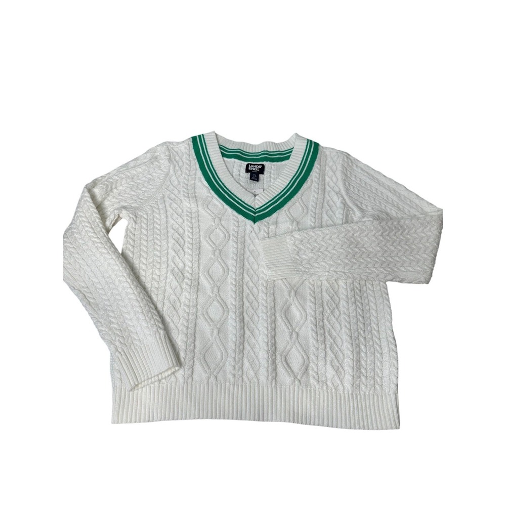 New Lands End Cricket Sweater Size M White Green Cable Knit V Neck Preppy - Picture 1 of 8